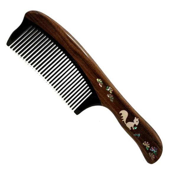 Antique wooden comb men's and women's hair comb sandalwood comb mother-and-pearl craft hand-painted comb personality creative business engraved characters Birthday gift girl (1 squirrel long-handled horn wooden comb gift box)
