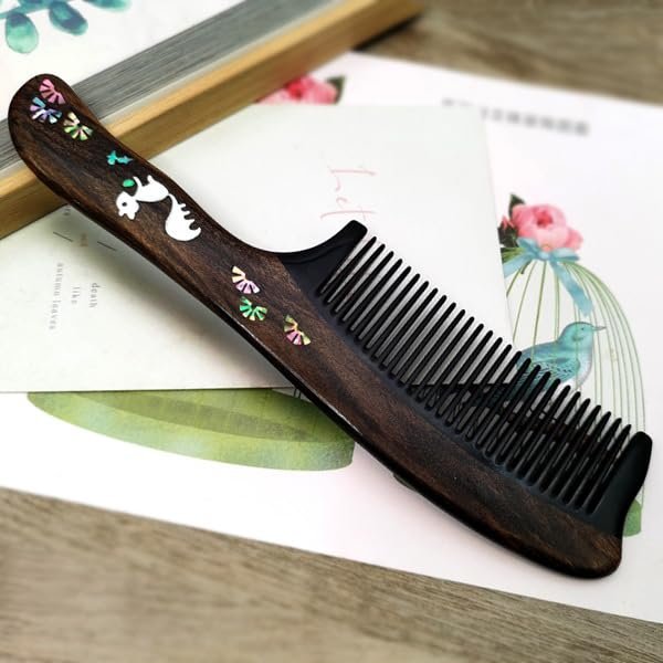 Antique wooden comb men's and women's hair comb sandalwood comb mother-and-pearl craft hand-painted comb personality creative business engraved characters Birthday gift girl (1 squirrel long-handled horn wooden comb gift box)