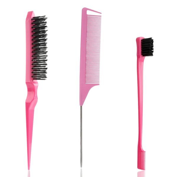 Slick Back Hair Brush, 3 Pcs Comb Set Edge Brush Bristle Hair Brush Rat Tail Comb, Curly Hair Brush, Styling Tools & Appliances, Hair Styling Tools, Parting Comb,Teasing Comb for Women Baby Pink