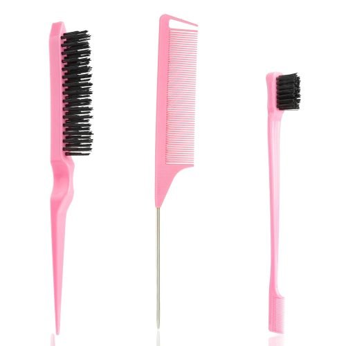 Slick Back Hair Brush, 3 Pcs Comb Set Edge Brush Bristle Hair Brush Rat Tail Comb, Curly Hair Brush, Styling Tools & Appliances, Hair Styling Tools, Parting Comb,Teasing Comb for Women Baby Pink