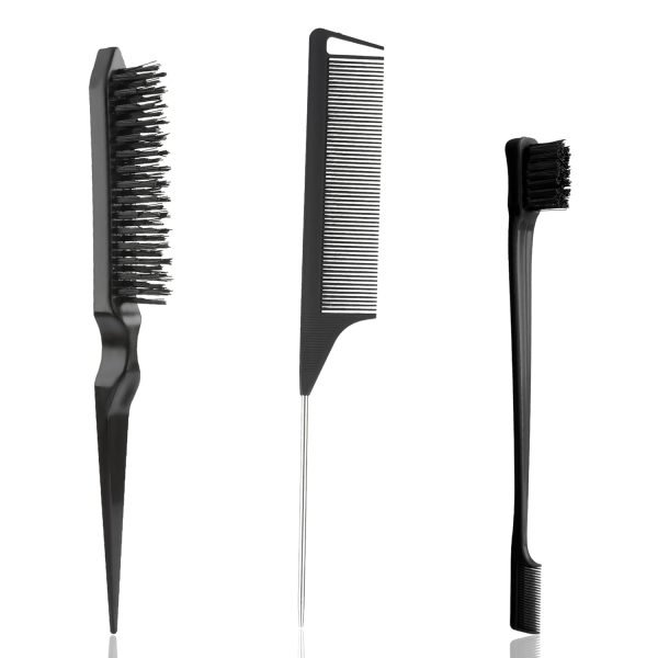 Slick Back Hair Brush, 3 Pcs Comb Set Edge Brush Bristle Hair Brush Rat Tail Comb, Curly Hair Brush, Styling Tools & Appliances, Hair Styling Tools, Parting Comb,Teasing Comb for Women Baby Pink