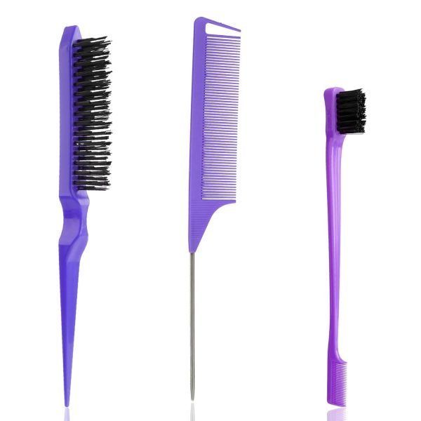 Slick Back Hair Brush, 3 Pcs Comb Set Edge Brush Bristle Hair Brush Rat Tail Comb, Curly Hair Brush, Styling Tools & Appliances, Hair Styling Tools, Parting Comb,Teasing Comb for Women Baby Pink