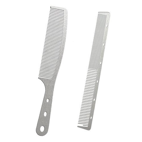 2 Pcs Metal Comb, Fine Tooth Comb, Stainless Steel Comb Set, Professional Barber Comb Hair Cutting for Hair Stylist, Easy Take, Anti Static, Heat Resistant, Travel comb, Wood Grain Design