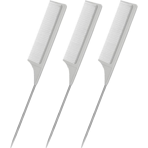 3 Packs Rat Tail Comb Steel Pin Rat Tail Carbon Fiber Heat Resistant Teasing Combs with Stainless Steel Pintail (Pink)