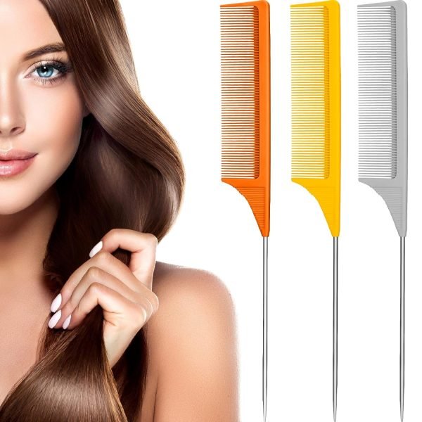 3 Packs Rat Tail Comb Steel Pin Rat Tail Carbon Fiber Heat Resistant Teasing Combs with Stainless Steel Pintail (Pink)