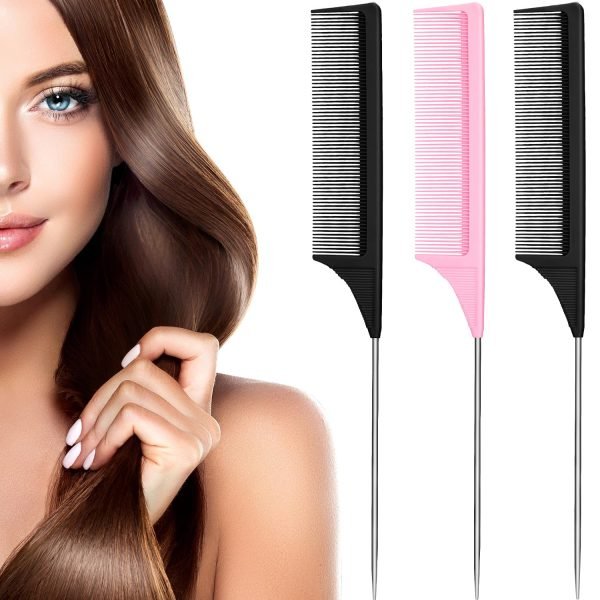 3 Packs Rat Tail Comb Steel Pin Rat Tail Carbon Fiber Heat Resistant Teasing Combs with Stainless Steel Pintail (Pink)