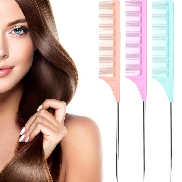 3 Packs Rat Tail Comb Steel Pin Rat Tail Carbon Fiber Heat Resistant Teasing Combs with Stainless Steel Pintail (Pink)