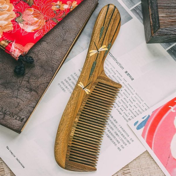 Anti-Static, Wood Comb with Dragonfly and Lightning