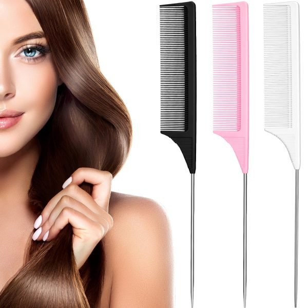 3 Packs Rat Tail Comb Steel Pin Rat Tail Carbon Fiber Heat Resistant Teasing Combs with Stainless Steel Pintail (Pink)