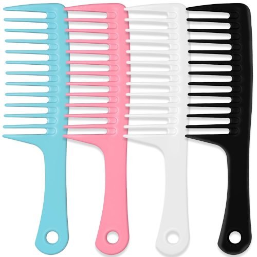 4PCS Wide Tooth Comb, Large Hair Detangling Comb Styling Comb, Professional Women Hair Care Handgrip Comb for Curly, Wet, Long Hair (Blue, Pink, White, Black)