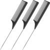 3 Packs Rat Tail Comb Steel Pin Rat Tail Carbon Fiber Heat Resistant Teasing Combs with Stainless Steel Pintail (Pink)
