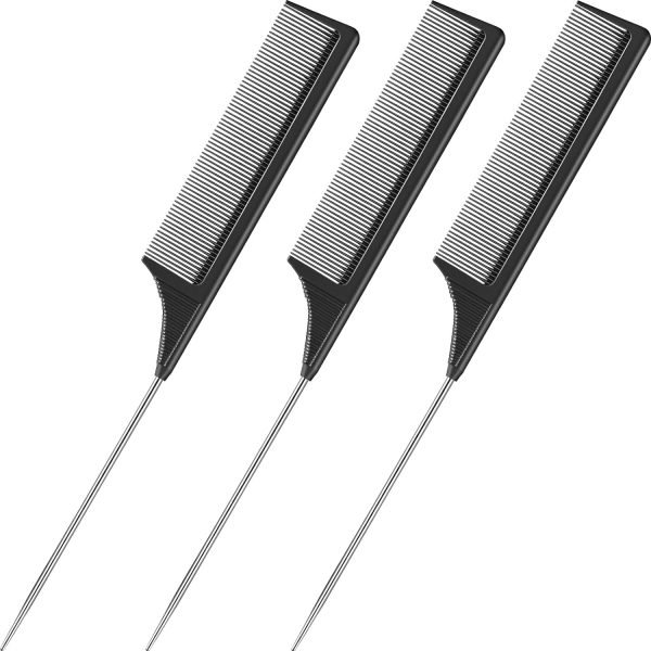 3 Packs Rat Tail Comb Steel Pin Rat Tail Carbon Fiber Heat Resistant Teasing Combs with Stainless Steel Pintail (Pink)