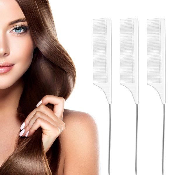 3 Packs Rat Tail Comb Steel Pin Rat Tail Carbon Fiber Heat Resistant Teasing Combs with Stainless Steel Pintail (Pink)