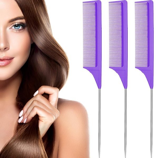 3 Packs Rat Tail Comb Steel Pin Rat Tail Carbon Fiber Heat Resistant Teasing Combs with Stainless Steel Pintail (Pink)