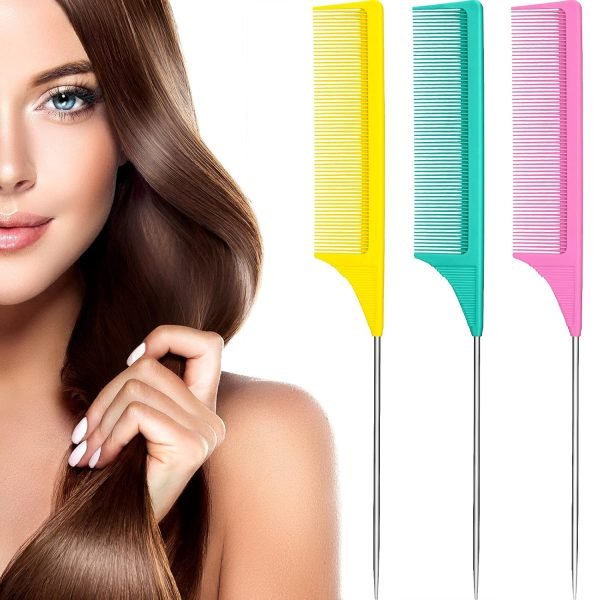 3 Packs Rat Tail Comb Steel Pin Rat Tail Carbon Fiber Heat Resistant Teasing Combs with Stainless Steel Pintail (Pink)