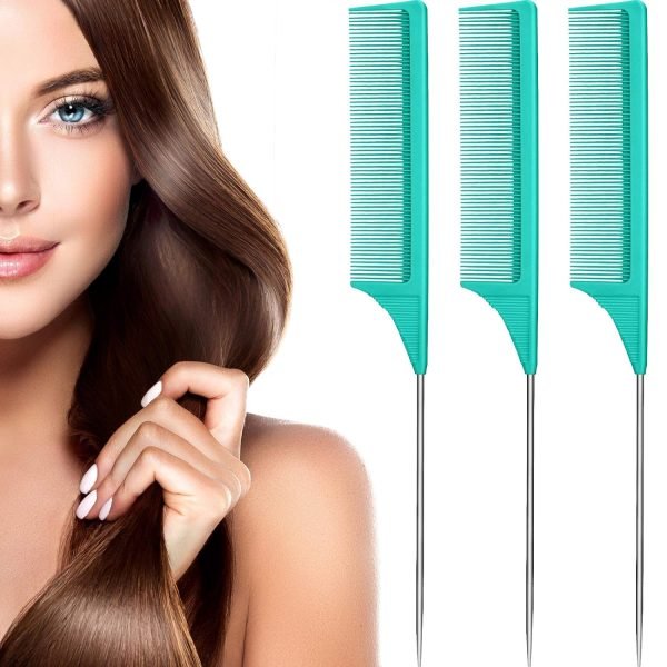 3 Packs Rat Tail Comb Steel Pin Rat Tail Carbon Fiber Heat Resistant Teasing Combs with Stainless Steel Pintail (Pink)