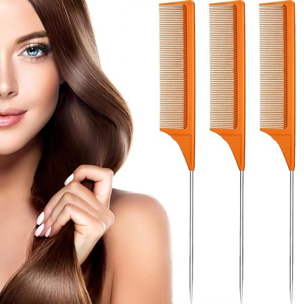 3 Packs Rat Tail Comb Steel Pin Rat Tail Carbon Fiber Heat Resistant Teasing Combs with Stainless Steel Pintail (Pink)