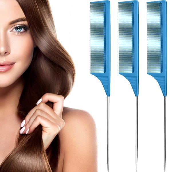 3 Packs Rat Tail Comb Steel Pin Rat Tail Carbon Fiber Heat Resistant Teasing Combs with Stainless Steel Pintail (Pink)