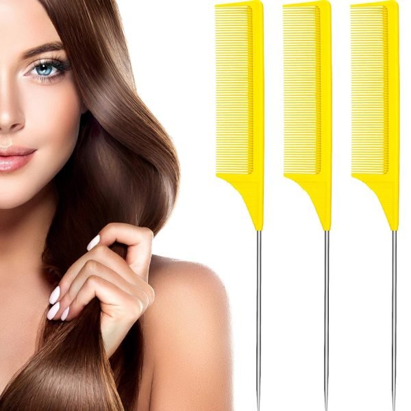 3 Packs Rat Tail Comb Steel Pin Rat Tail Carbon Fiber Heat Resistant Teasing Combs with Stainless Steel Pintail (Pink)