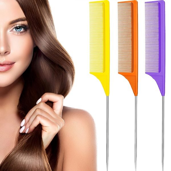 3 Packs Rat Tail Comb Steel Pin Rat Tail Carbon Fiber Heat Resistant Teasing Combs with Stainless Steel Pintail (Pink)